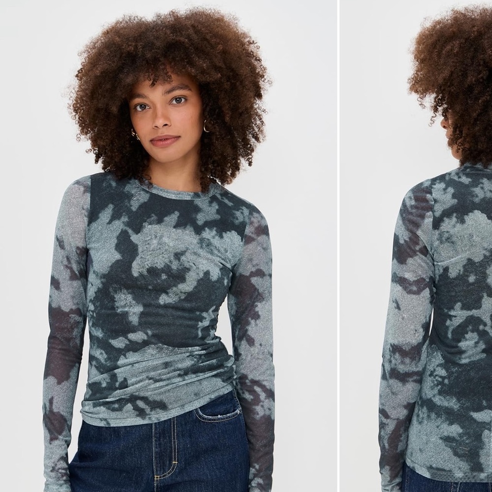 rag & bone 90s Charcoal, and Grey Tie-Dye Mesh Long Sleeve Crewneck Top